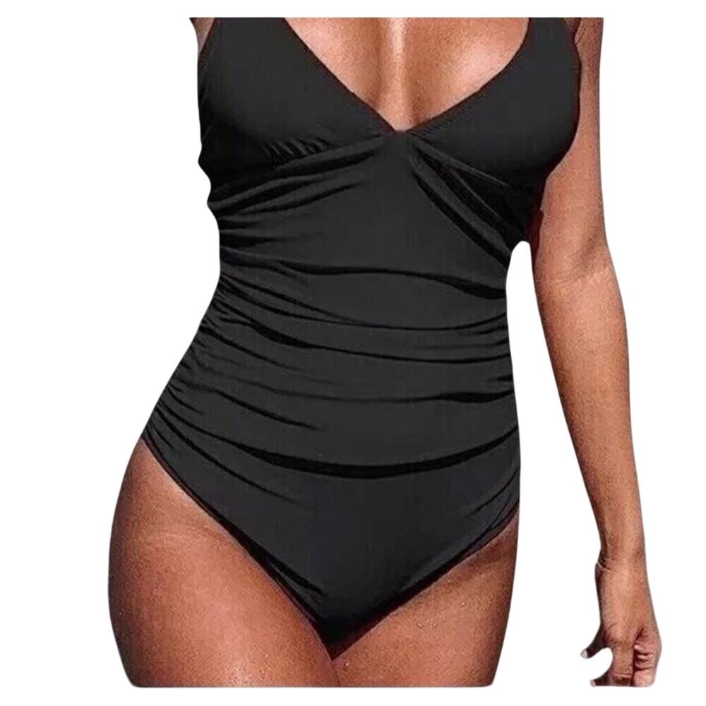 CUPSHE Women One Piece Swimsuit Size S Black Tummy Control Surplice Ruched NWOT